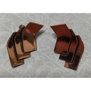 Vintage Clip On Earrings Copper Signed Renoir Art Deco Abstract MCM Aztec Design
